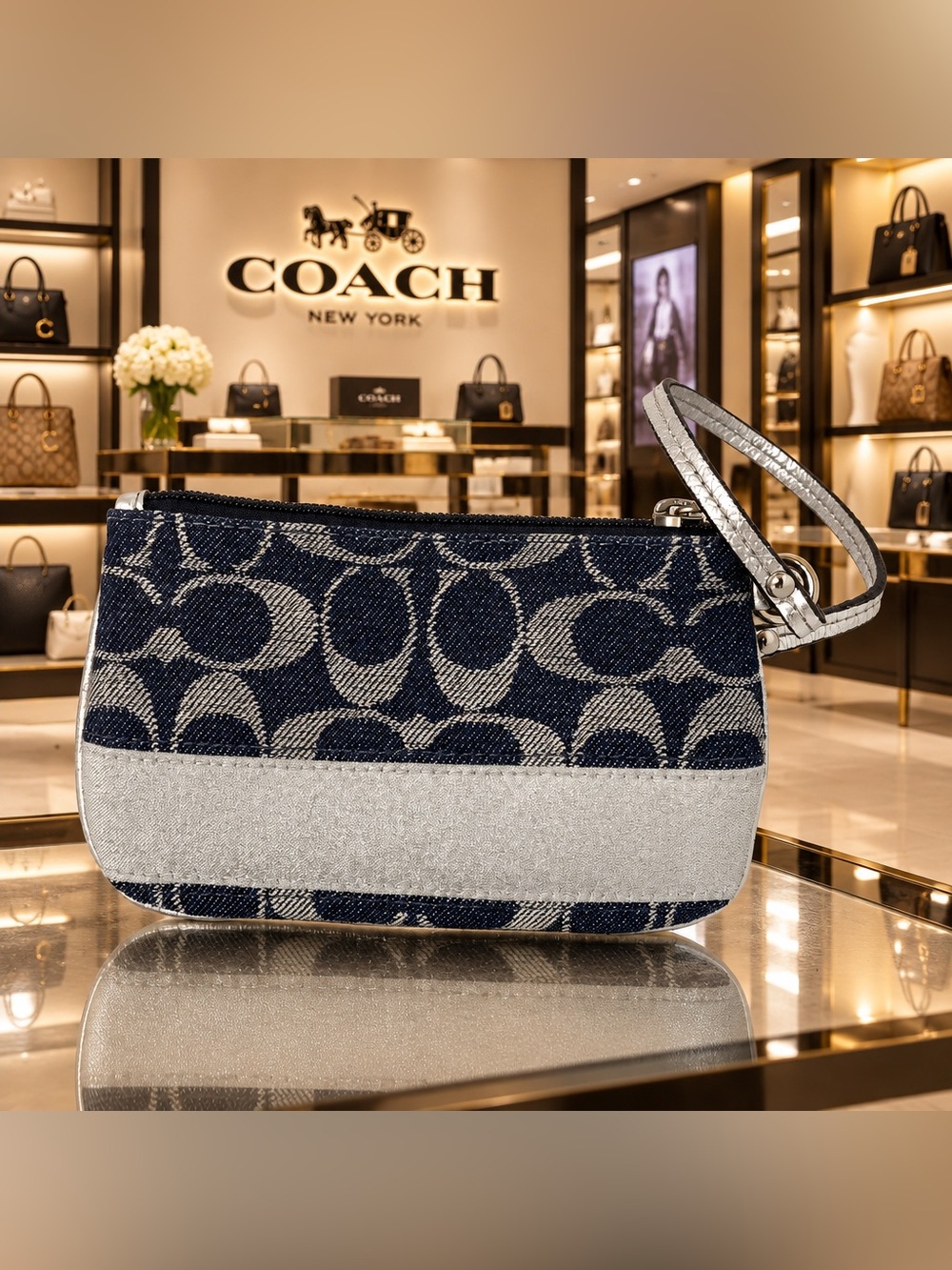 🦋COACH POPPY DENIM STRIPE SILVER Wallet Wristlet 🦋 - Picture 3 of 8